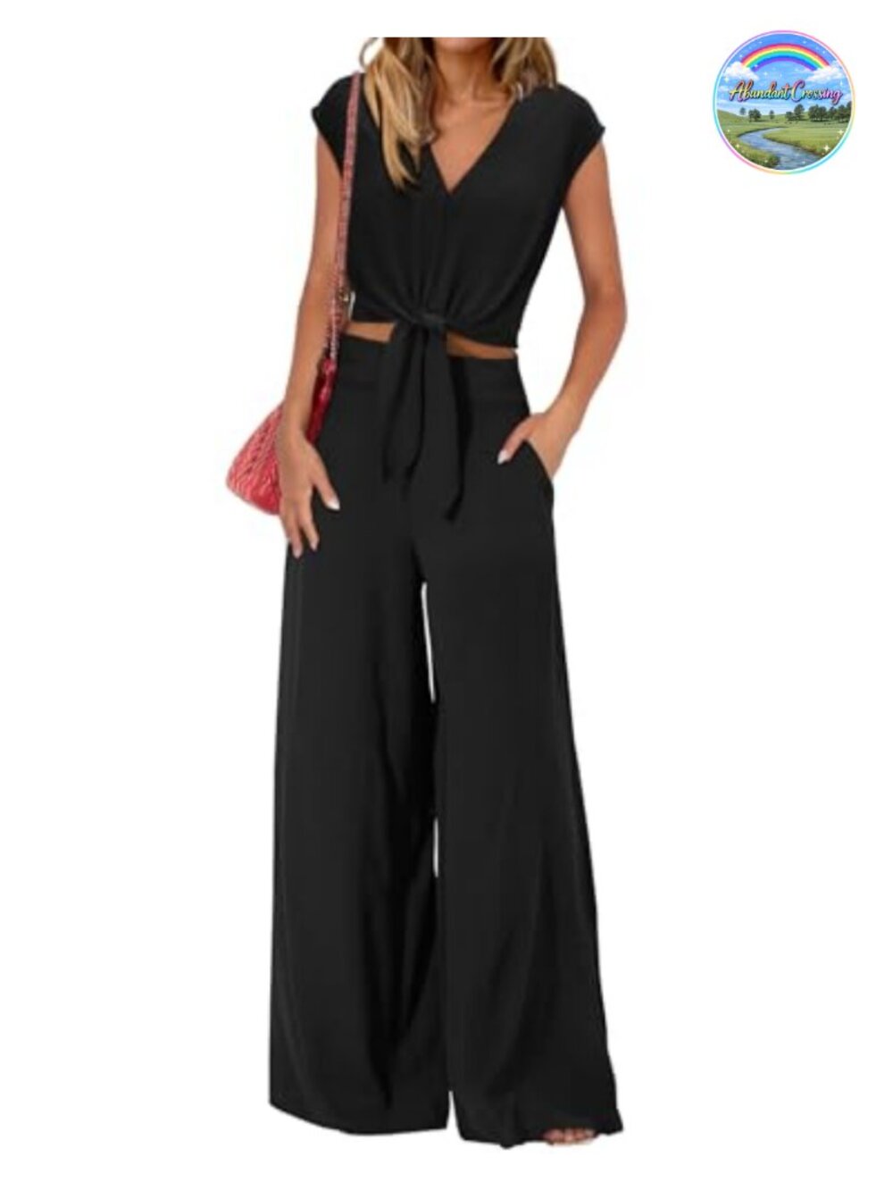 Women's Two Piece Outfit V Neck Crop Top Wide Leg Pants Set Summer Lounge Wear